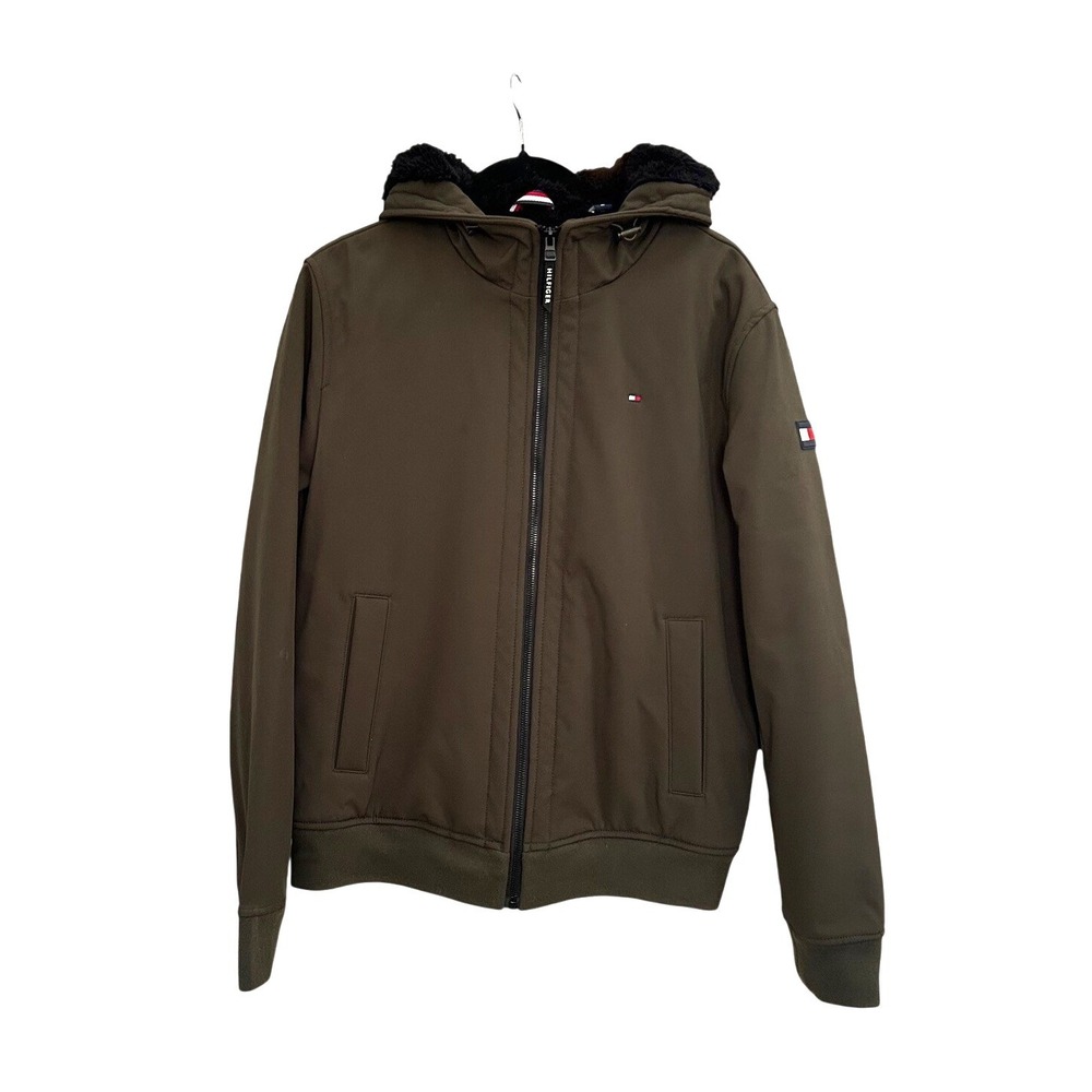 Tommy Hilfiger Men Olive Green 3 Layer Fabric Water Wind Resistant Jacket Hood M